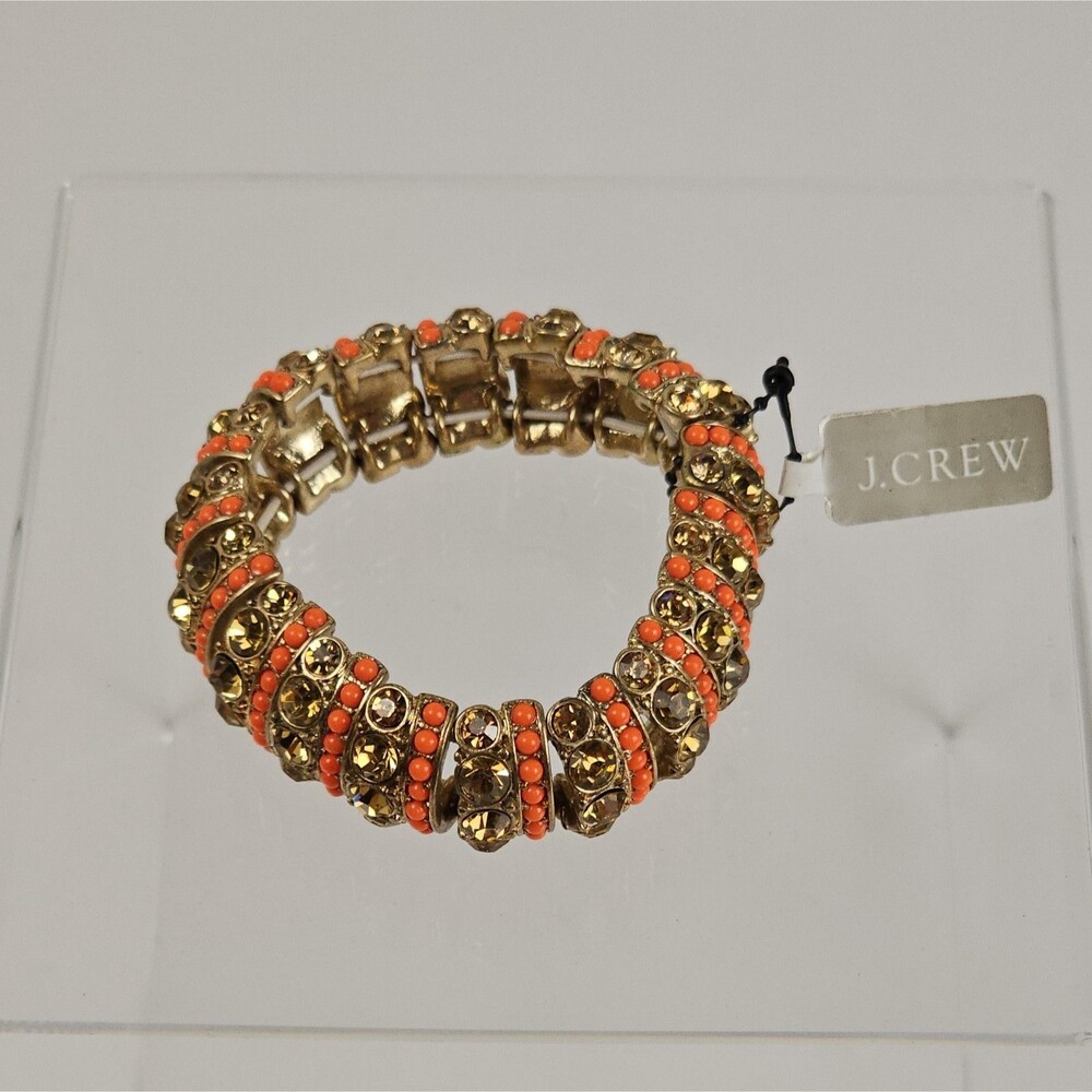 J.Crew Orange Coral Bead Rhinestone Statement Stretch Bracelet Gold Tone